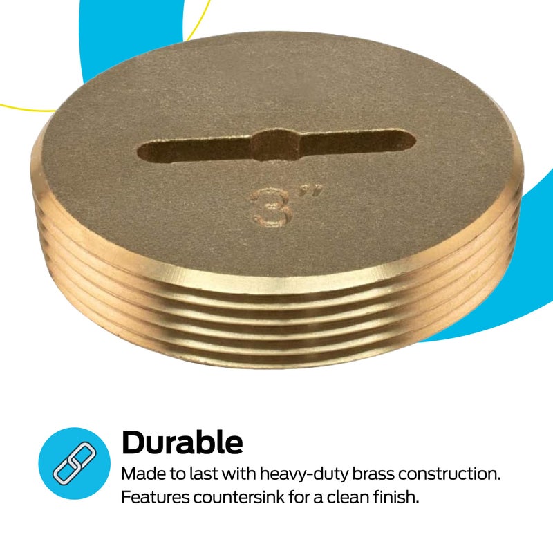 Eastman 3 Inch Slotted Brass Cleanout Plug, Machine-Threaded with 1/4 in Screw-On Tap, Drain Access Fitting, 42002 - Image 4